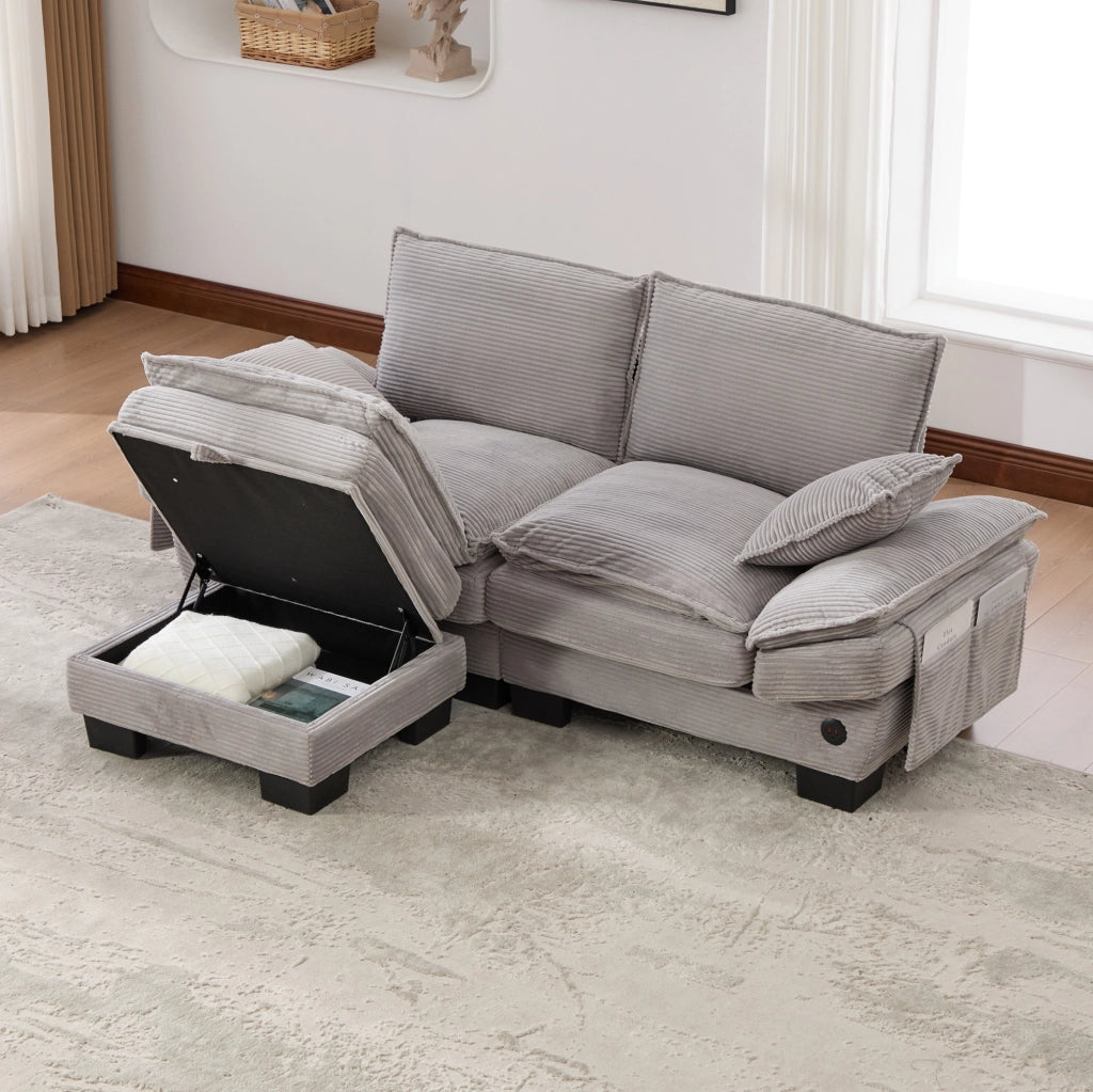 Divano modulare 2 posti con pouf in velluto a coste grigio chiaro