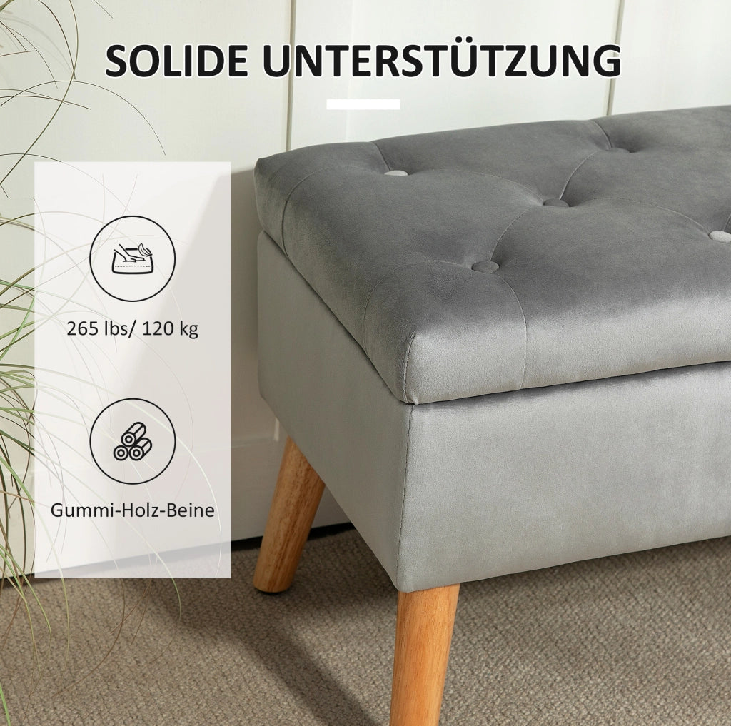 Panca con Contenitore in Tessuto Vellutato Grigio 102x35x43 cm con Gambe in Legno di Gomma
