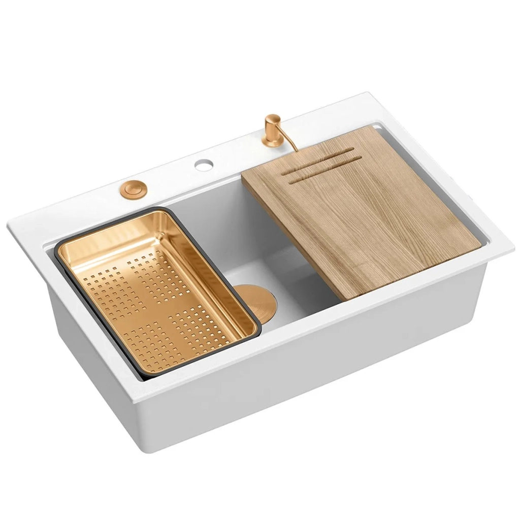 Lavello In Granito Marc 110 Workstation White Tappo rame spazzolato