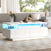 Tavolino da salotto bianco lucido 90x45x35,5 cm con 2 cassetti in acrilico, vetrate laterali in vetro temperato, ripiano estraibile e illuminazione LED controllabile via app