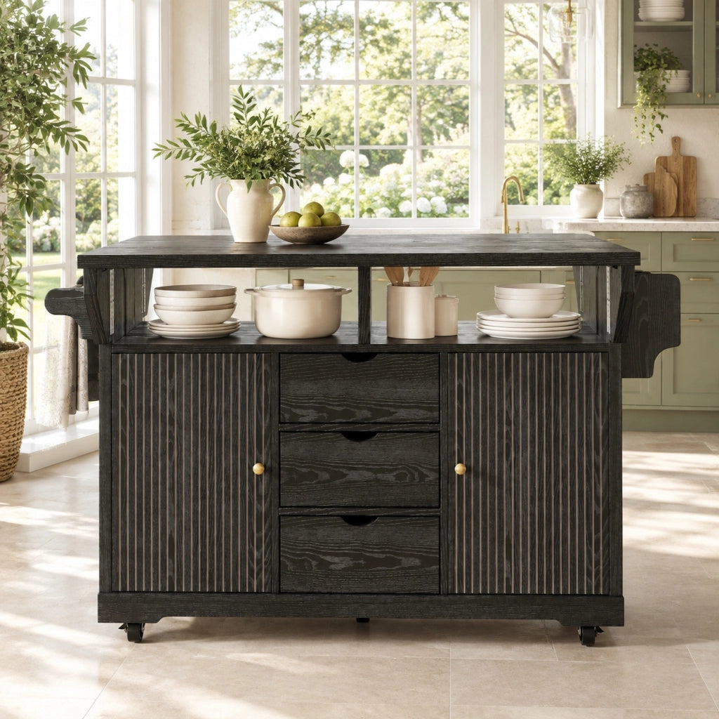 Carrello da cucina nero con ripiani pieghevoli e 3 cassetti