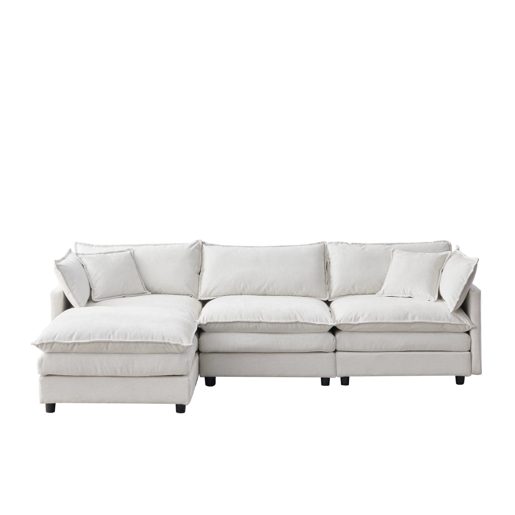 Divano angolare modulare 3 posti con pouf mobile in chenille beige struttura in legno e cuscini sfoderabili