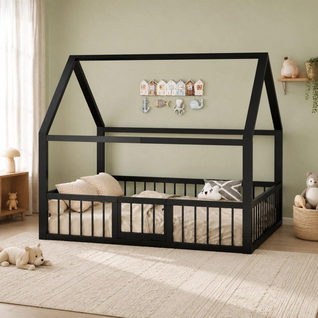 Letto a casetta 140 × 200 cm con barriera e cancelletto in metallo nero senza materasso