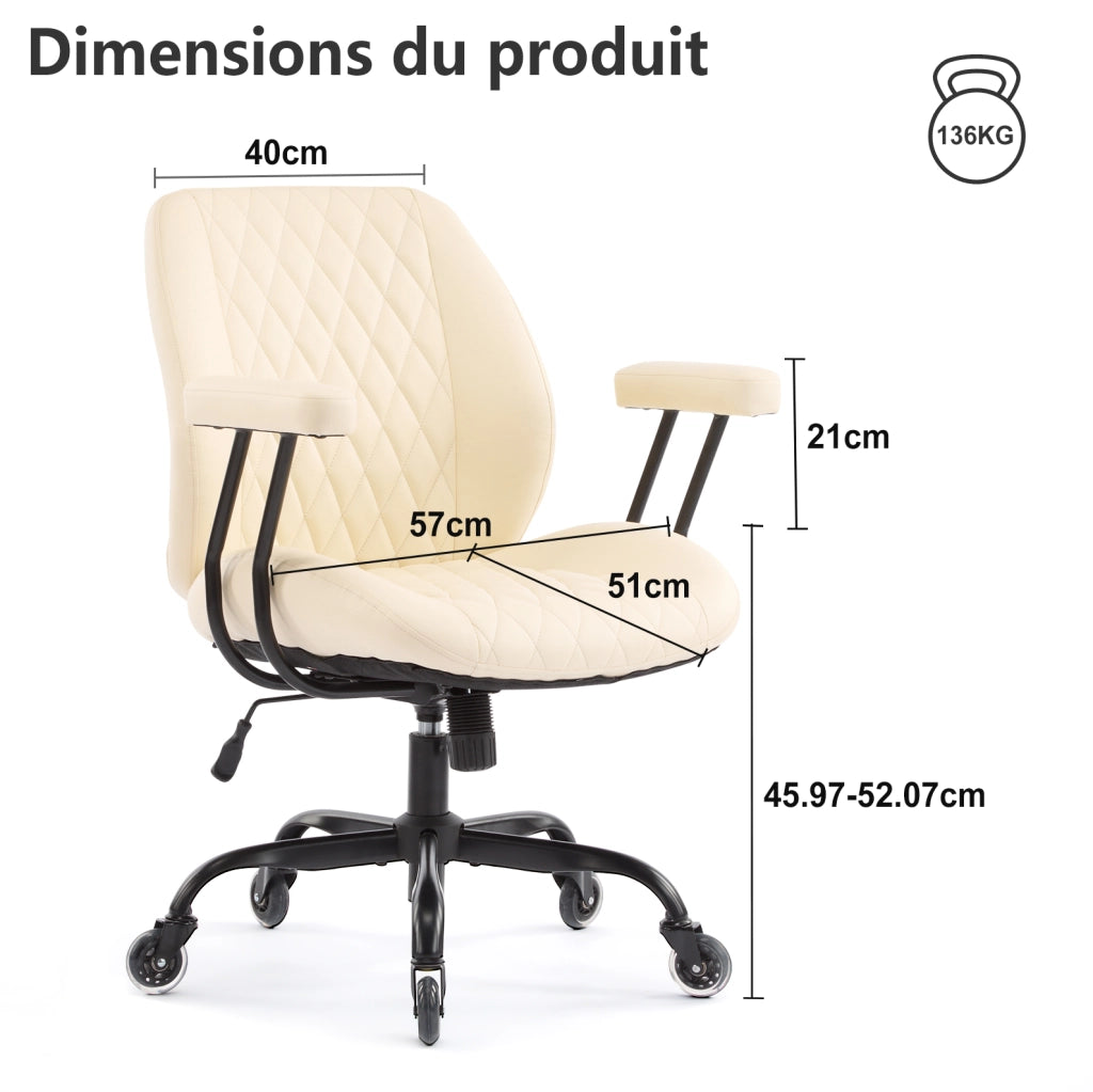Sedia da ufficio ergonomica in pelle color crema con altezza seduta regolabile
