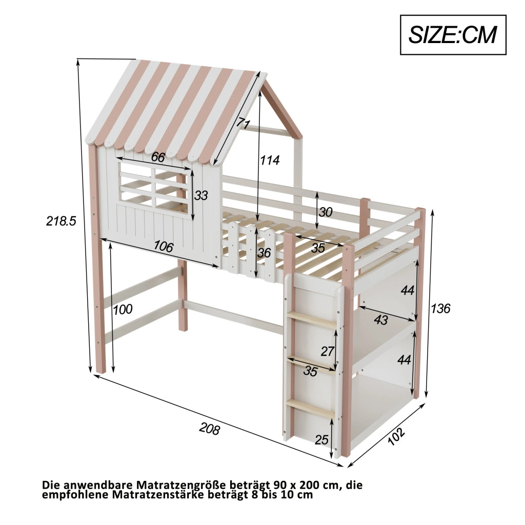Letto a soppalco per bambini 90 × 200 cm con tetto scala di sicurezza rete a doghe in legno rosa