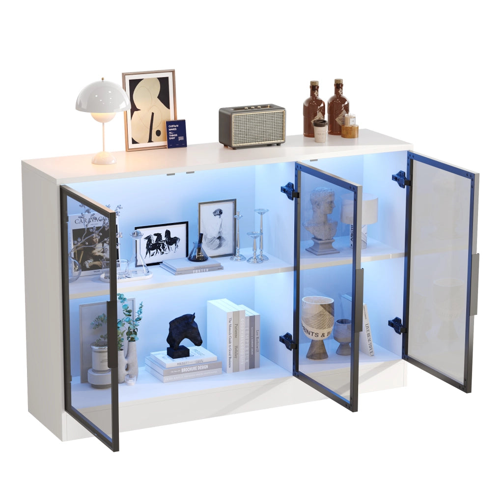 Vetrina ULEVR 120x30x73 cm bianca con vetro grigio, LED multicolore e ante con chiusura ammortizzata