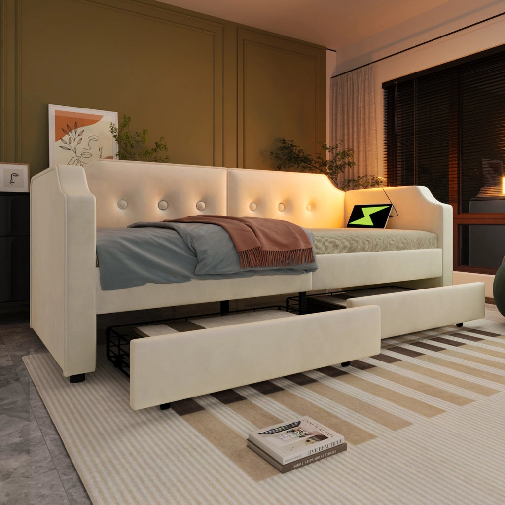 Letto con cassetti 90 × 200 cm con 2 cassetti; lampada da lettura; USB Type-C; velluto beige; rete a doghe