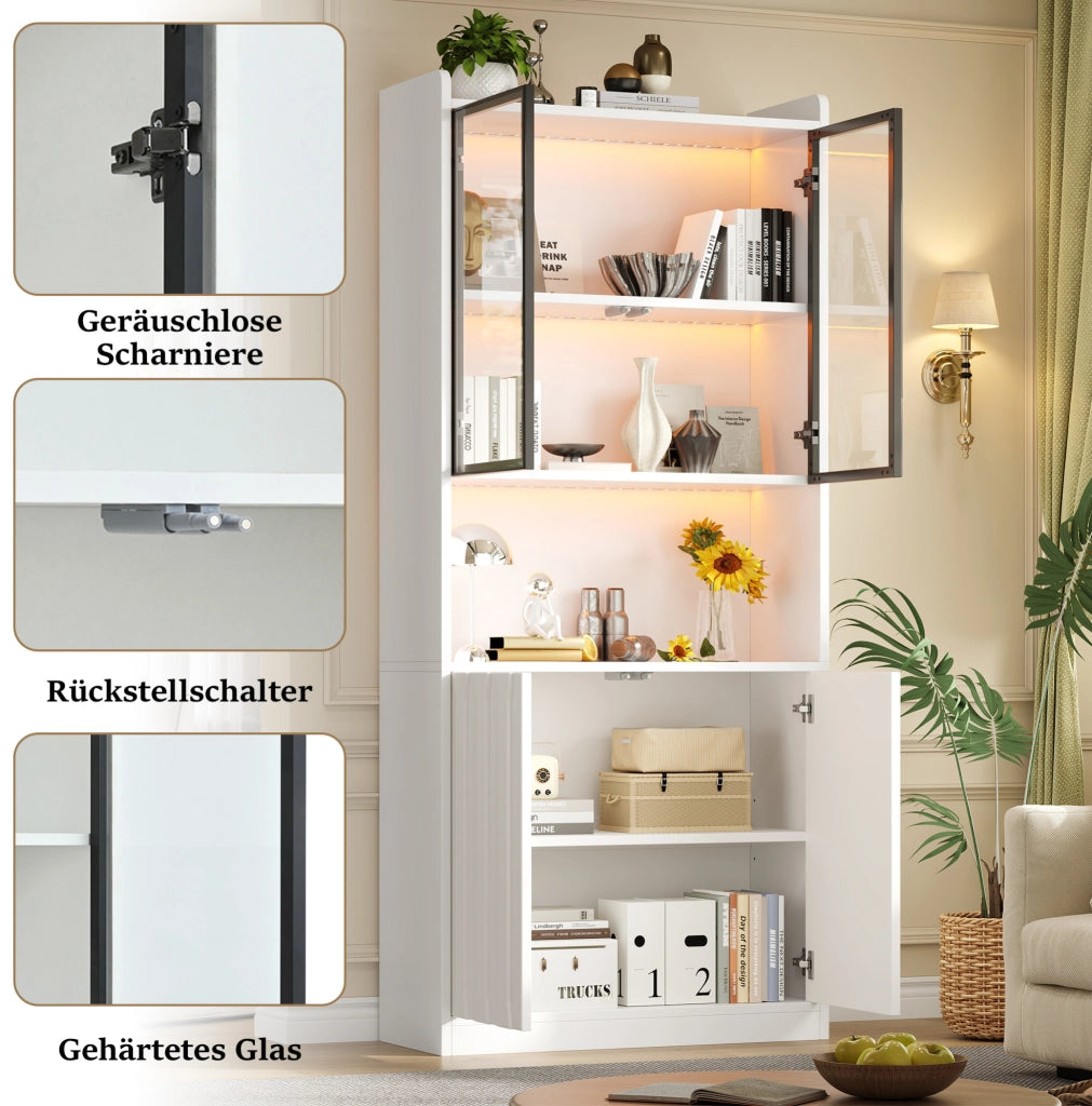 Vetrina Alta Bianca 80x35x200 cm con LED Bluetooth, 4 Ante in Truciolato e Vetro Temperato, Ripiani Regolabili e Illuminazione Personalizzabile