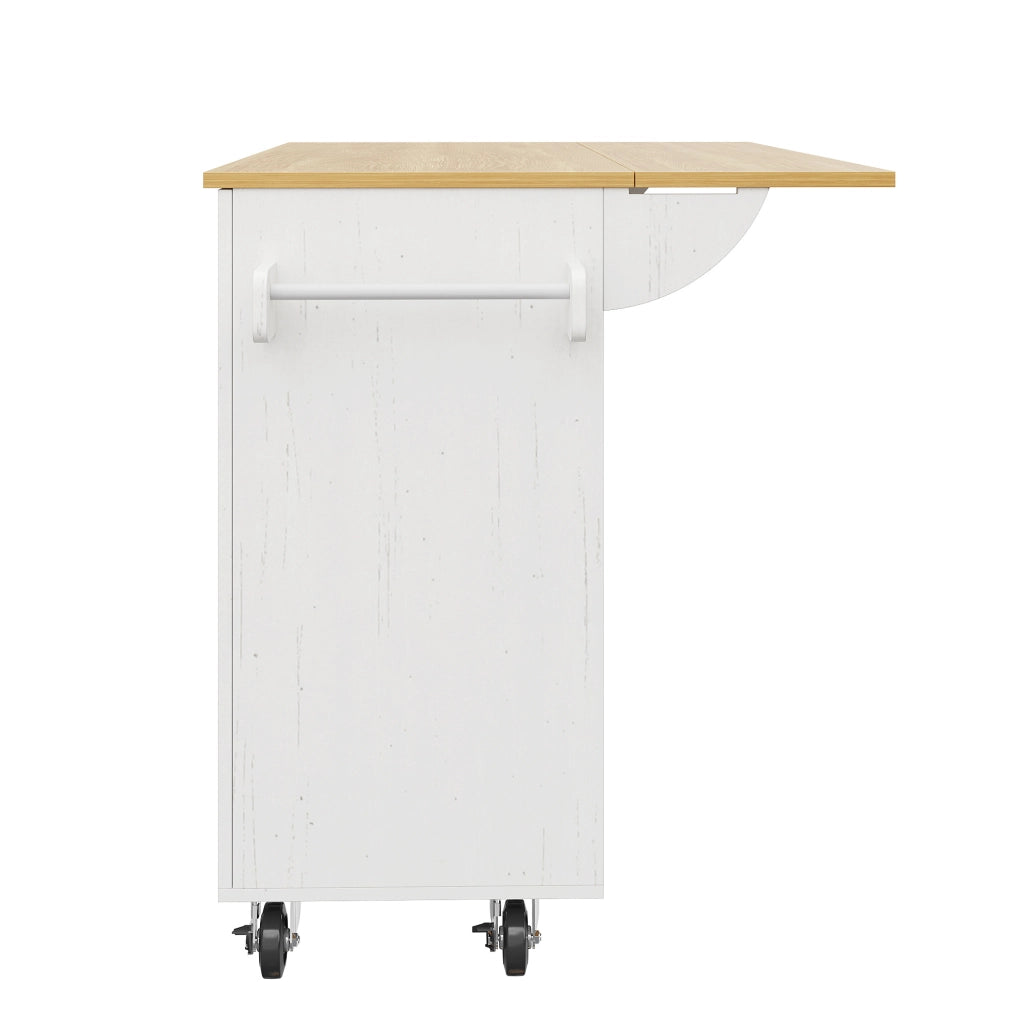 Isola cucina multifunzione bianca 110x46 cm con piano ribaltabile, ruote e ampio spazio interno