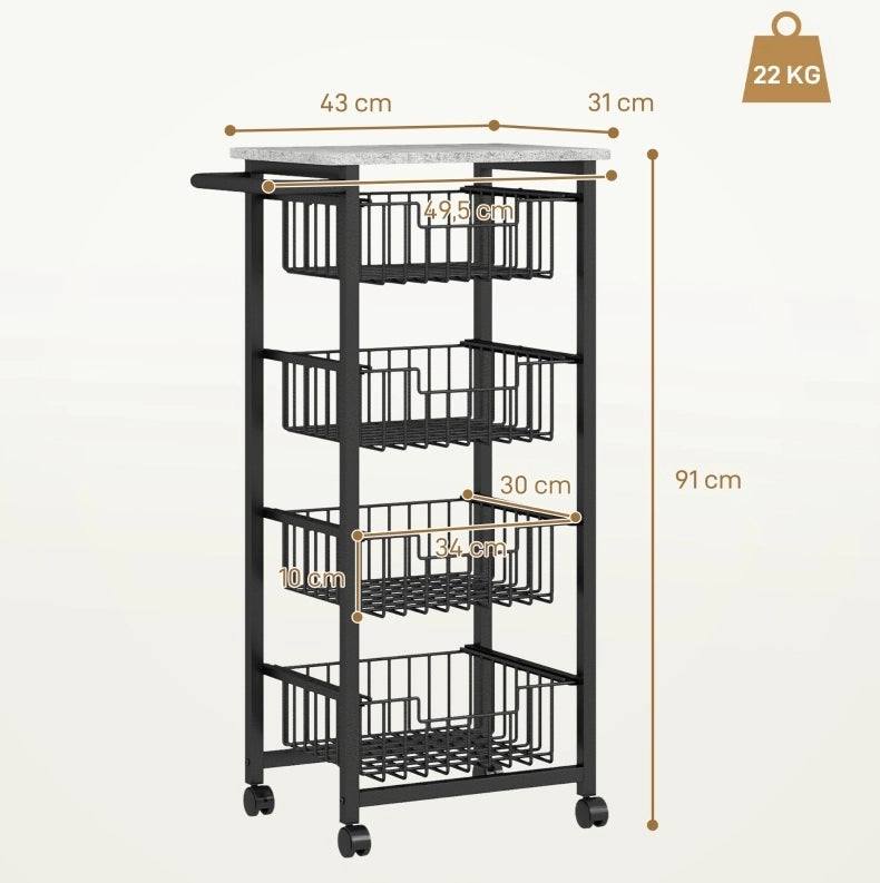 Carrello da cucina a 4 livelli 49,5 x 31 x 91 cm grigio chiaro in metallo con ruote