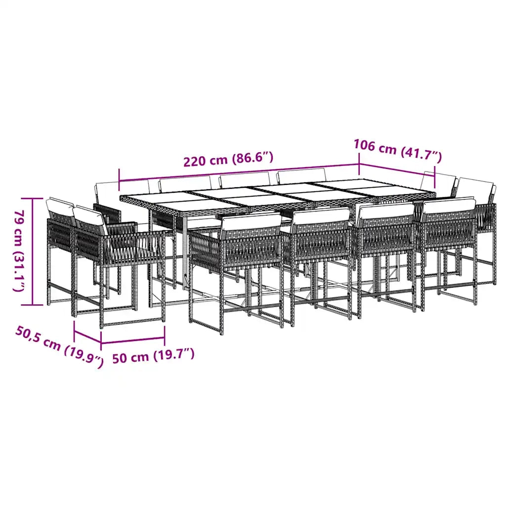 Set da Pranzo da Giardino 13pz con Cuscini Marrone Polyrattan