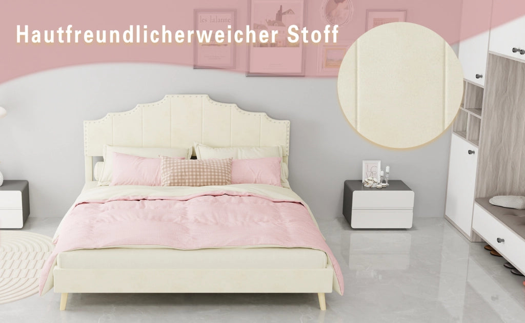 Letto moderno minimalista 160x200 cm beige con testiera imbottita e materasso incluso