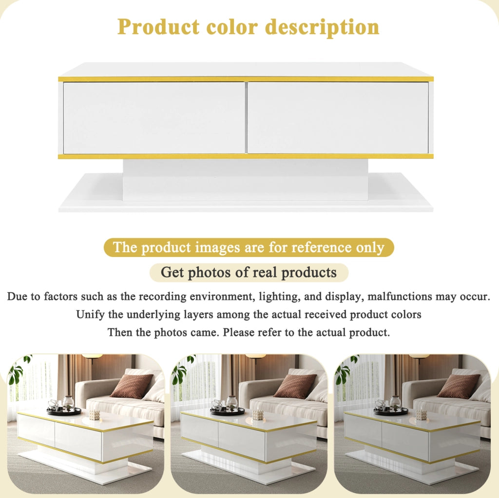 Tavolino da caffè LED 100x50x40 cm con 3 cassetti; bianco lucido e oro