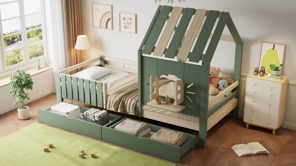 Letto a casetta per bambini 90x200 cm in pino e MDF; verde e naturale; con 2 cassetti; tetto e finestra per cameretta