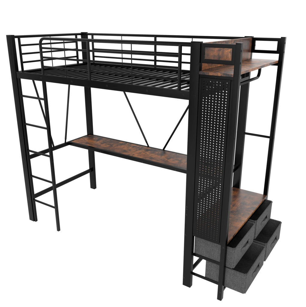 Letto a soppalco 90x200 cm con scrivania, 4 cassetti, LED e USB-C nero