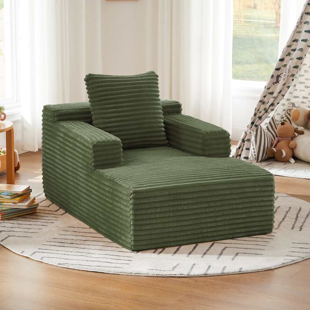 Divano letto in velluto a coste verde utilizzabile come chaise longue e poltrona relax senza montaggio