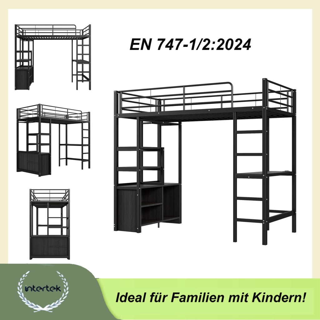 Letto a soppalco 90 × 200 cm con scrivania prese USB scaffali struttura in metallo e MDF nero