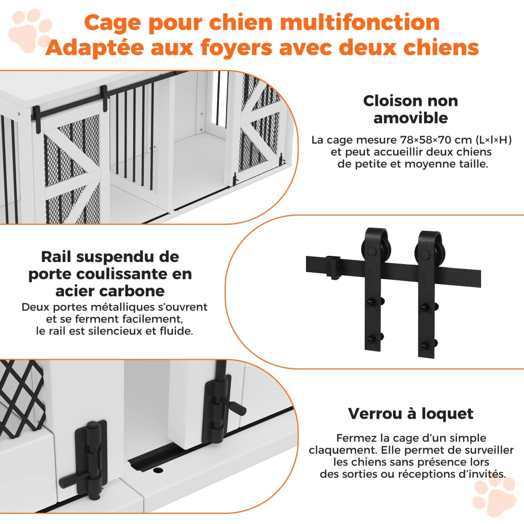 Gabbia per cani con divisorio centrale fisso e porte scorrevoli; in MDF e metallo bianco per due cani