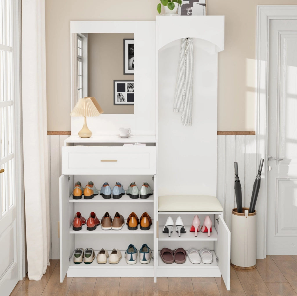 Mobile guardaroba compatto con scarpiera; specchio e panca; 110 ¡Á 33 ¡Á 185.5 cm; MDF bianco