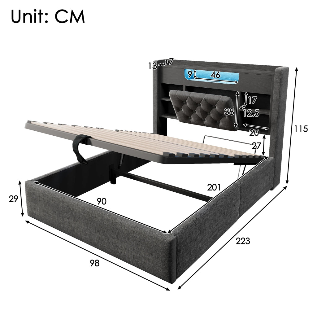 Letto 90x200 cm con contenitore idraulico, LED e porte USB, in lino grigio