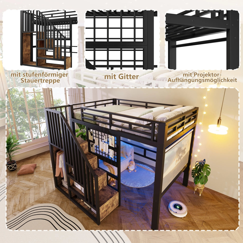 Letto a Soppalco 140x200 cm in MDF e Metallo con Guardaroba; Scala Contenitore; LED; Scaffali; Nero
