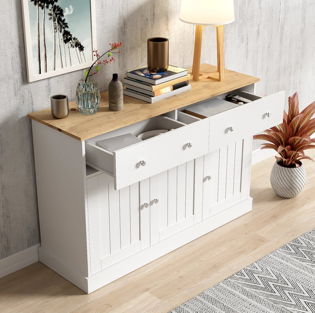 Credenza bianca e legno con texture incisa, 120x36x80,5 cm, 3 ante e 2 cassetti