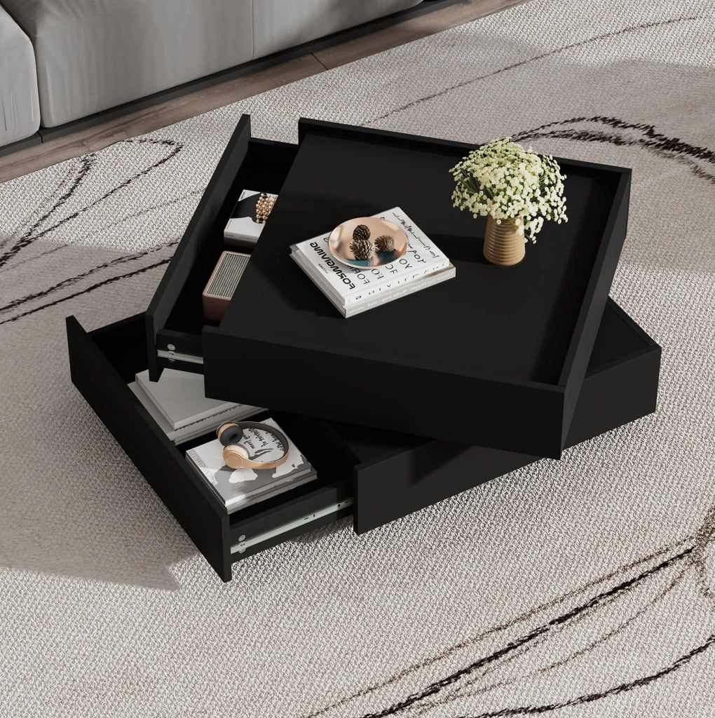 Tavolino da caffè girevole a 360° con 2 cassetti e 2 ripiani; 60x60x38 cm; nero; in truciolare