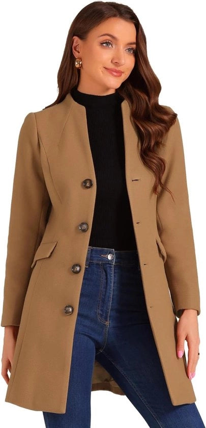 Giubbotto d'inverno elegante per donne con collo a V e chiusura a bottone, lungo, imbottito, caldo, stile invernale.