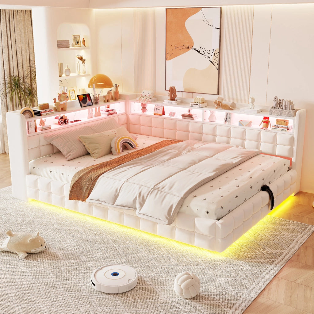 Letto divano 140x200 cm con contenitore con contenitore idraulico; LED; USB; velluto; beige