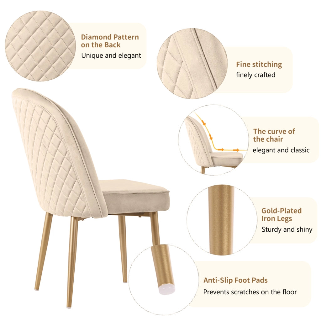 Set di 6 sedie da pranzo in velluto beige con gambe in metallo dorato; 45;5x62x87;5 cm