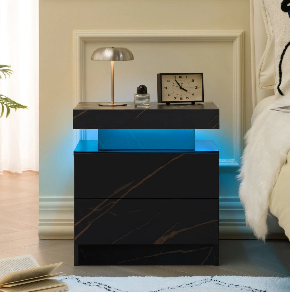Comodino Moderno con Luci LED Regolabili e 2 Cassetti, Nero e Oro