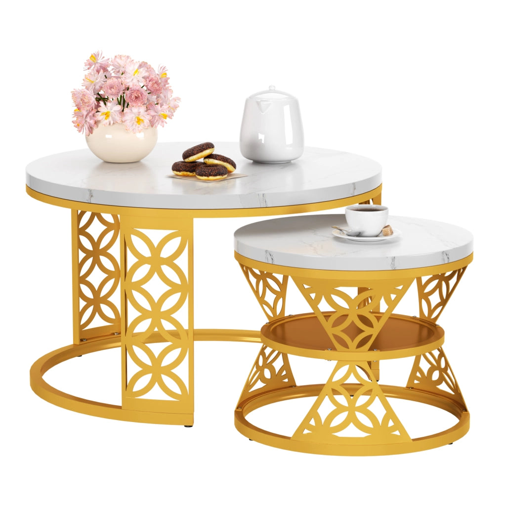 Set di 2 Tavolini da Salotto in Metallo 70 x 70 x 45 cm e 45 x 45 x 37 cm con Base Antiscivolo Bianco e Oro