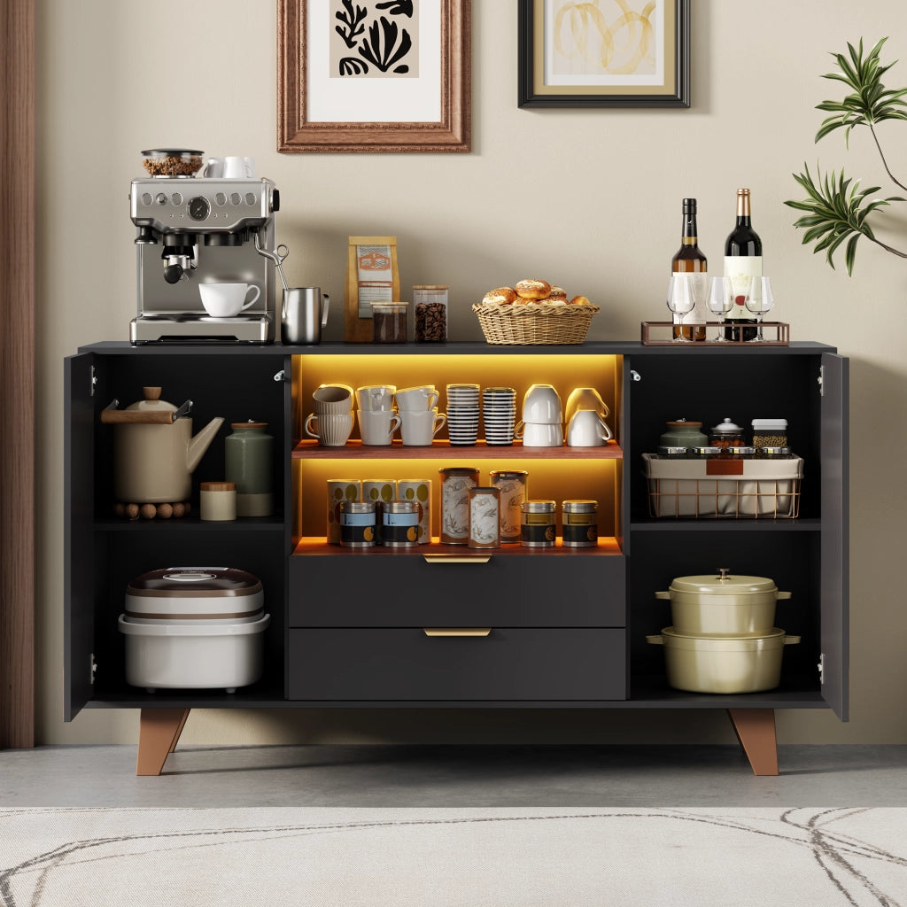 Credenza da cucina LED con 2 cassetti, ripiani regolabili e vani aperti, MDF naturale e nero, 150 × 40 × 90 cm