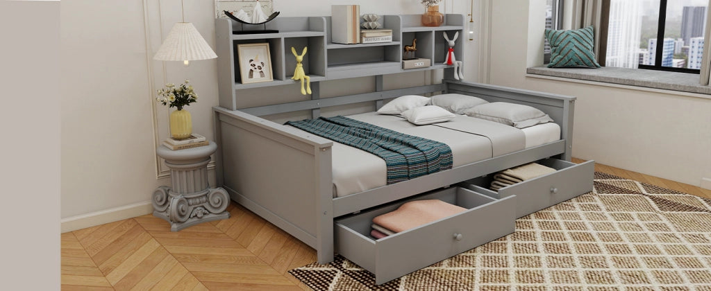 Letto singolo a divano 90 ¡Á 200 cm in legno grigio con cassetti vani laterali e rete a doghe