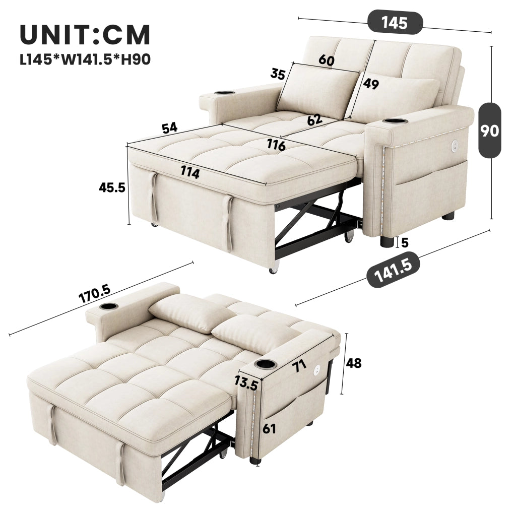 Divano letto 2 posti con LED, USB e USB-C, schienale regolabile in ciniglia beige