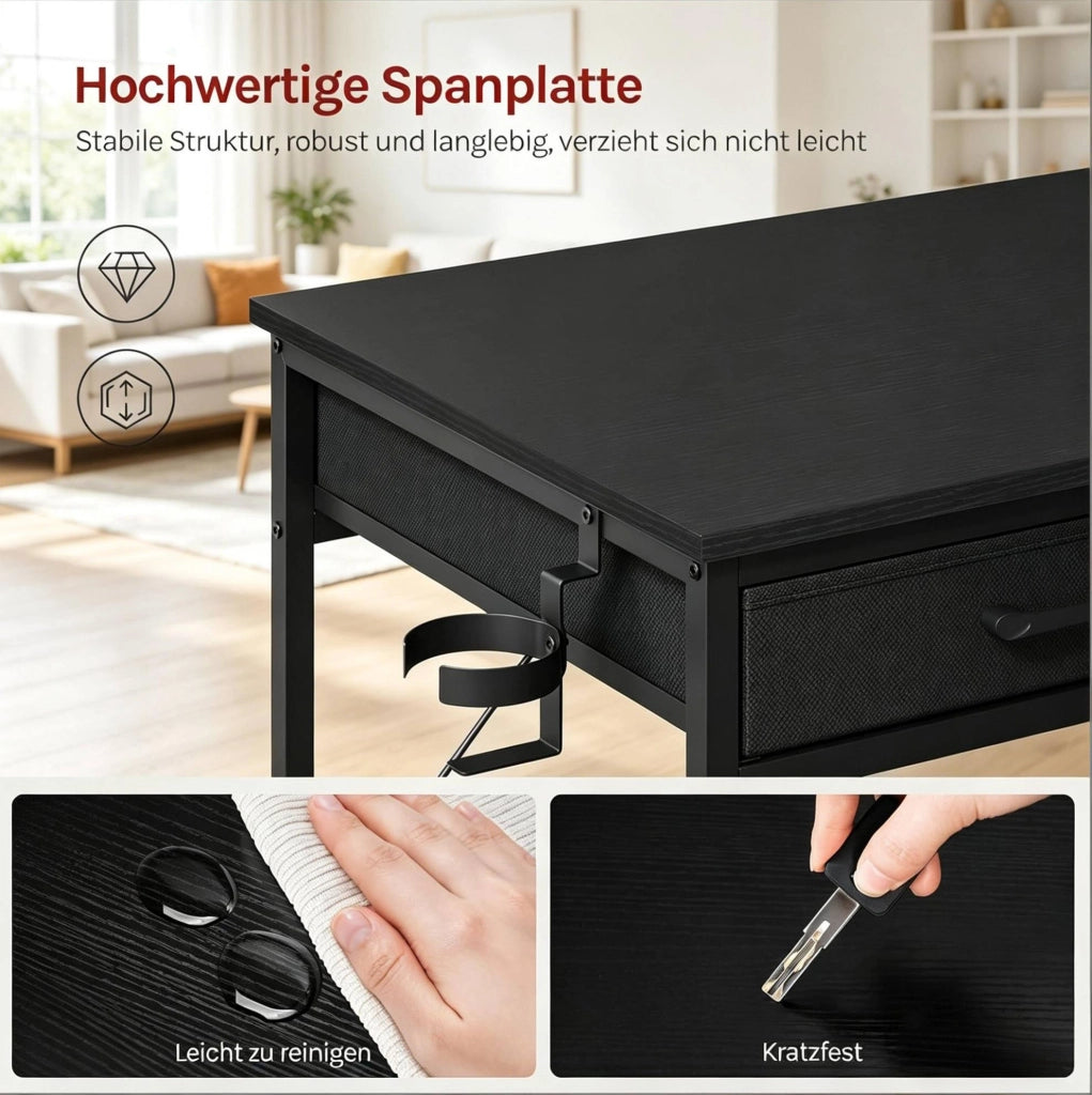 Scrivania moderna nera in metallo e legno con due ampi cassetti in tessuto e stazione di ricarica integrata, 120x51x75 cm