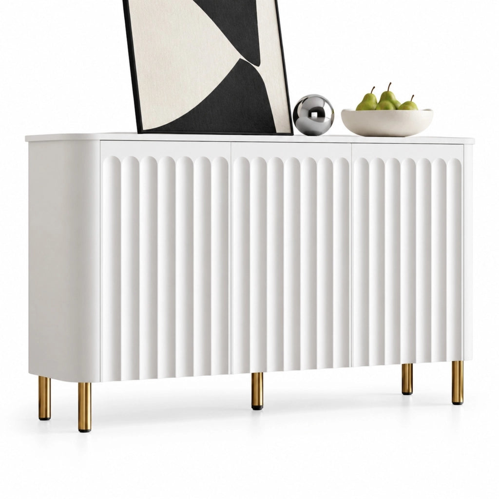 SIDEBOARD 3 ante 135x36x78 cm MDF bianco con rilievi e piedini in metallo
