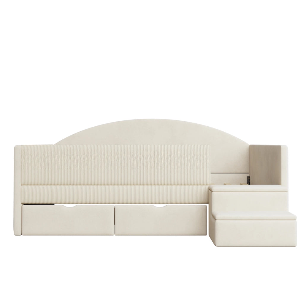 Letto imbottito multifunzionale 90x190 cm con due cassetti e protezioni, tessuto vellutato beige, senza materasso