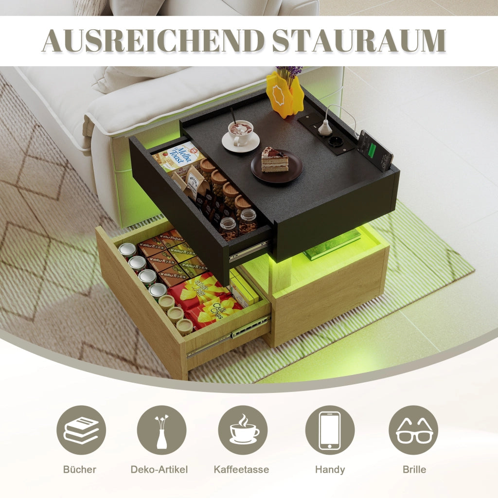 Comodino con ricarica senza fili, porte USB, LED e 2 cassetti bicolore per camera da letto, 50 × 40 × 50 cm