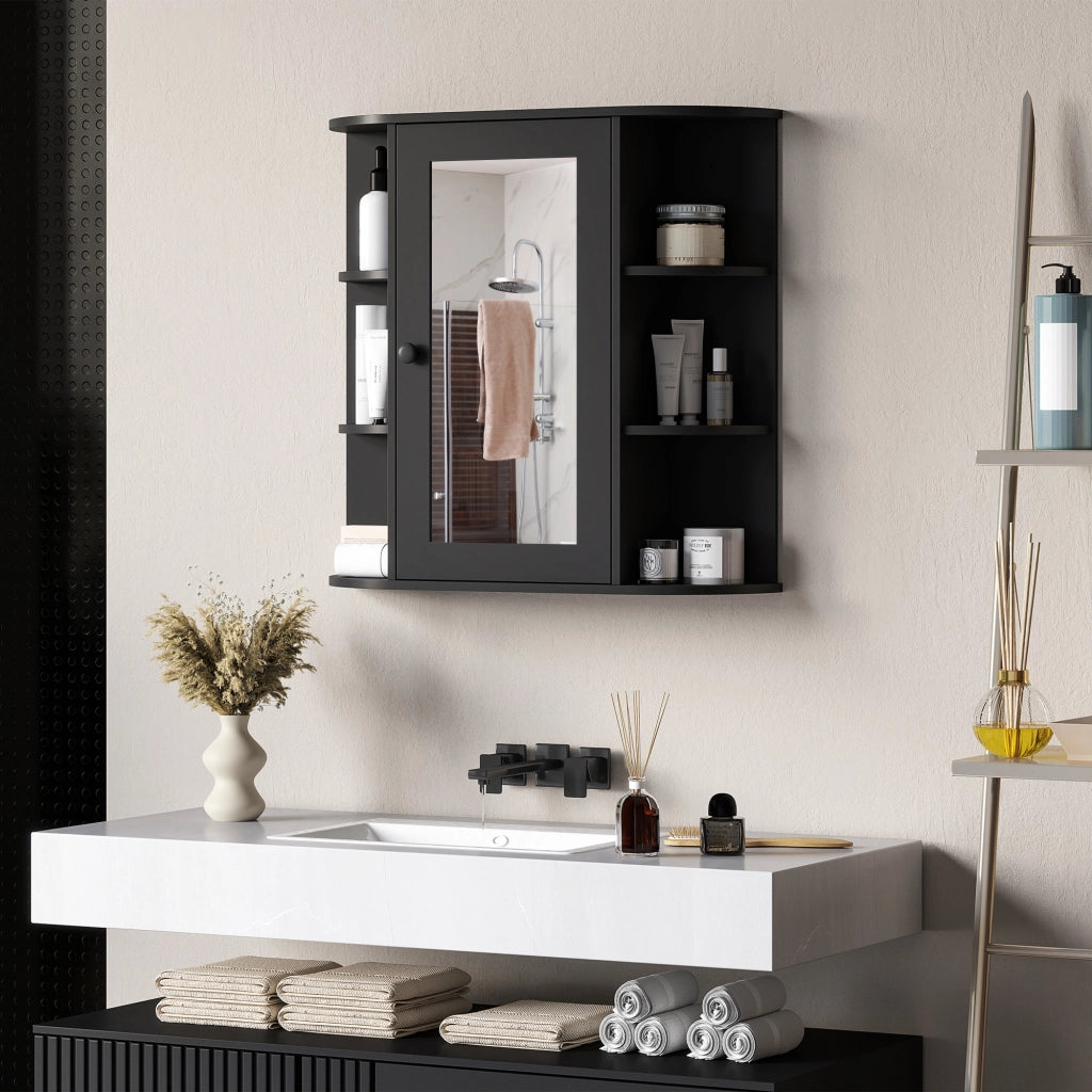Specchiera Bagno con 6 Ripiani Aperti e 2 Chiusi, in Legno e Vetro, 66x17x63 cm, Nero