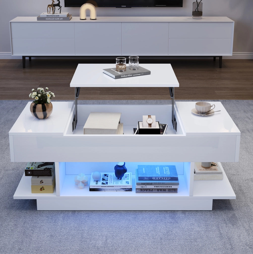 Tavolino elevabile bianco con luci LED e contenitore