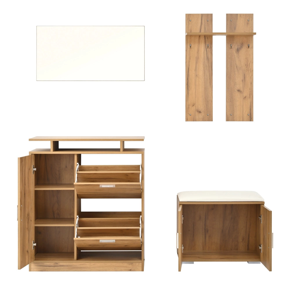 Set guardaroba per ingresso con panca porta scarpe, specchio, 5 ante, 4 ganci, finitura naturale, 140x35x133 cm