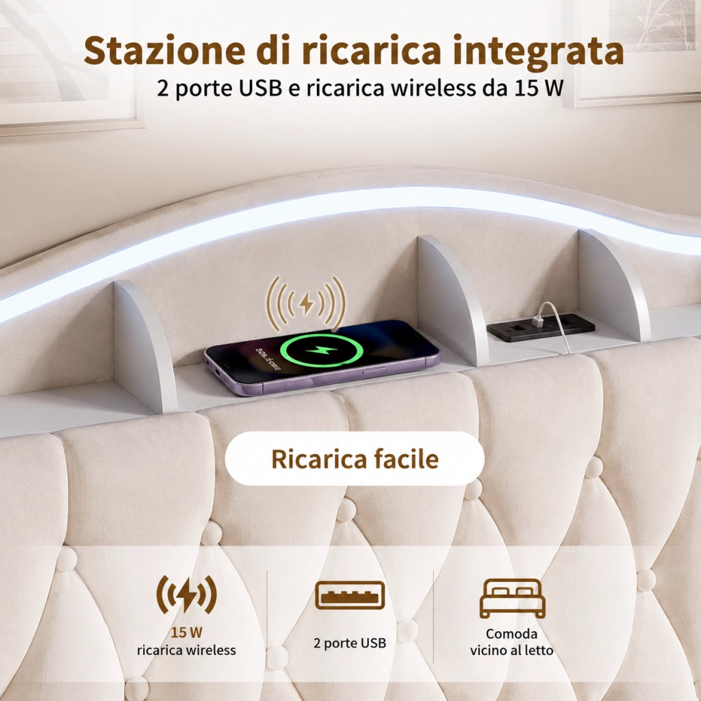 Letto a molle a sollevamento idraulico, testiera velluto beige, con luci LED RGB, stazioni di ricarica USB e wireless, scomparti porta oggetti, 140x200 cm
