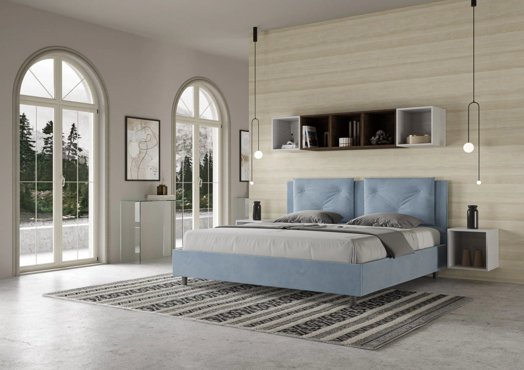 BS COM Letto con rete imbottito 180x200 microfibra azzurro