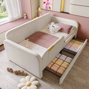 Letto per bambini singolo 90 × 200 cm con 2 cassetti e 3 tasche laterali, senza materasso, in velluto bianco
