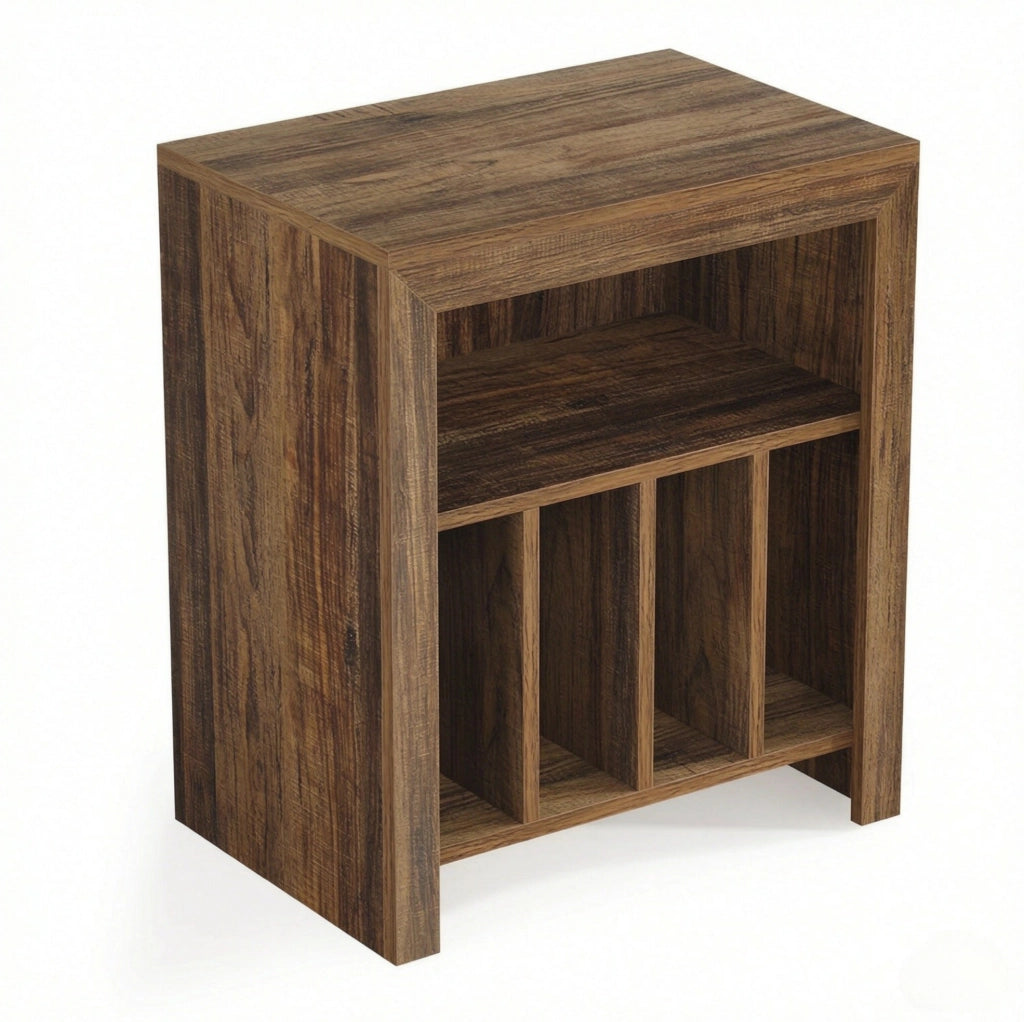 Supporto per giradischi in legno con ripiani aperti e divisori, comodino versatile per vinili e piccoli oggetti