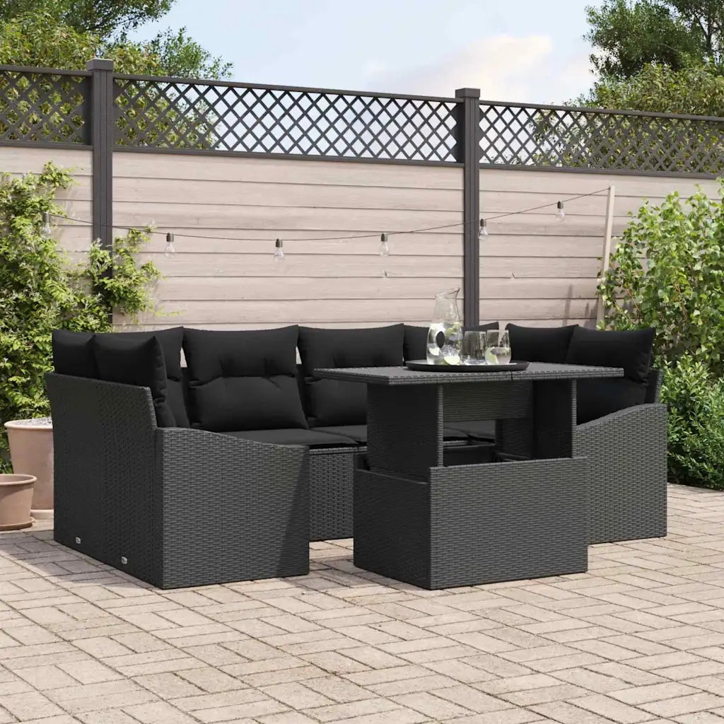 Set Divano da Giardino con cuscino 7 pcs Nero polyrattan