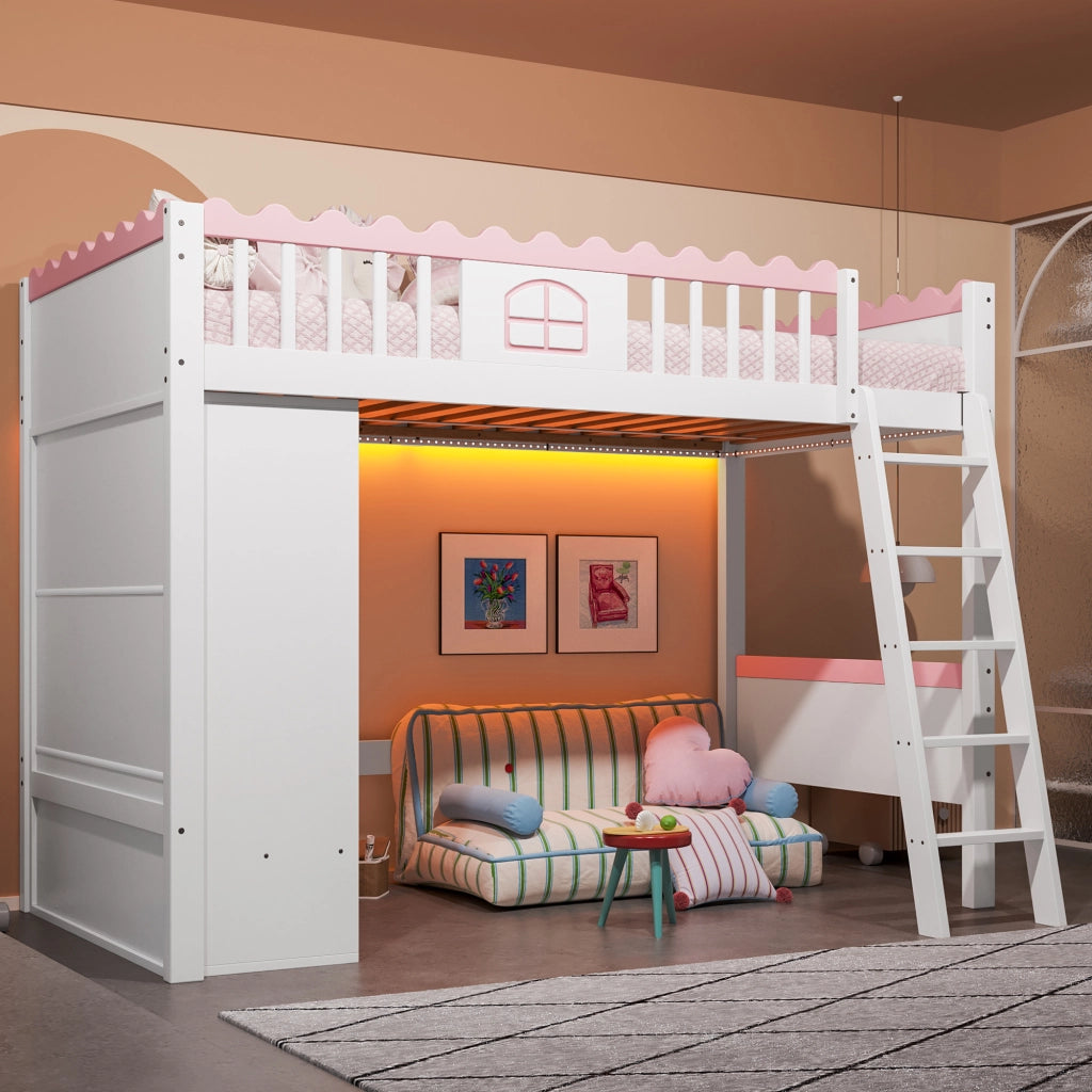 Letto a soppalco per bambini 90 × 200 cm con armadio, cassetto e illuminazione LED, senza materasso, bianco