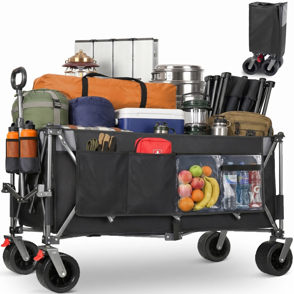 Carrello pieghevole da trasporto con telaio in acciaio portata statica 250 kg ruote fuoristrada e freni nero e grigio