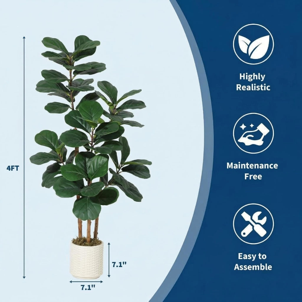 Ficus Lyrata Artificiale 120 cm con Tronco Naturale e Vaso Bianco per Camera e Ufficio